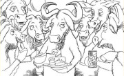 Ilustracija praznovanja GNU-jev s torto, prigrizki in pijačo
